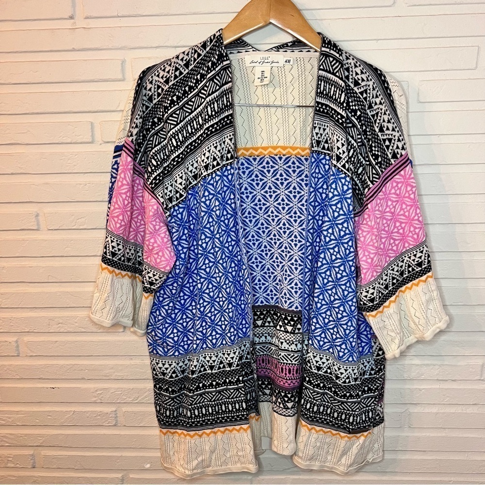 H&M Multicolored Cotton Geometrical Knit Open Style Kimono, Women’s Size Large